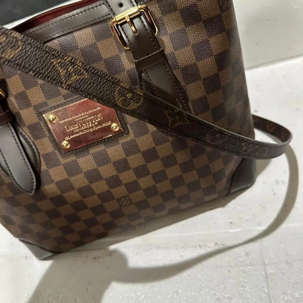 Louis Vuitton Damier Ebene Hampstead Tote Brown Checkered Canvas Gold Plaque Bag